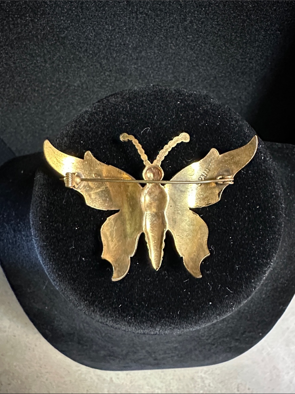 Vintage Spanish Damascene Style Gold Tone Butterfly Brooch with Yellow Accents - Picture 2 of 10